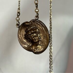 Antique Vintage Victorian Art Nouveau Copper Brass Cameo Face Deco Necklace